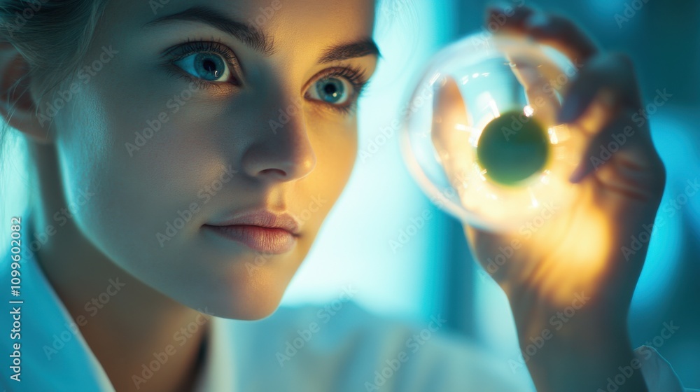 Poster a curious female scientist is experimenting in a laboratory. modern scientific and technological inv