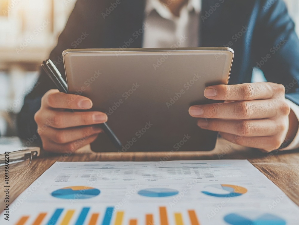 Poster a professional analyzing data on a tablet, with charts and graphs displayed on paper for effective d