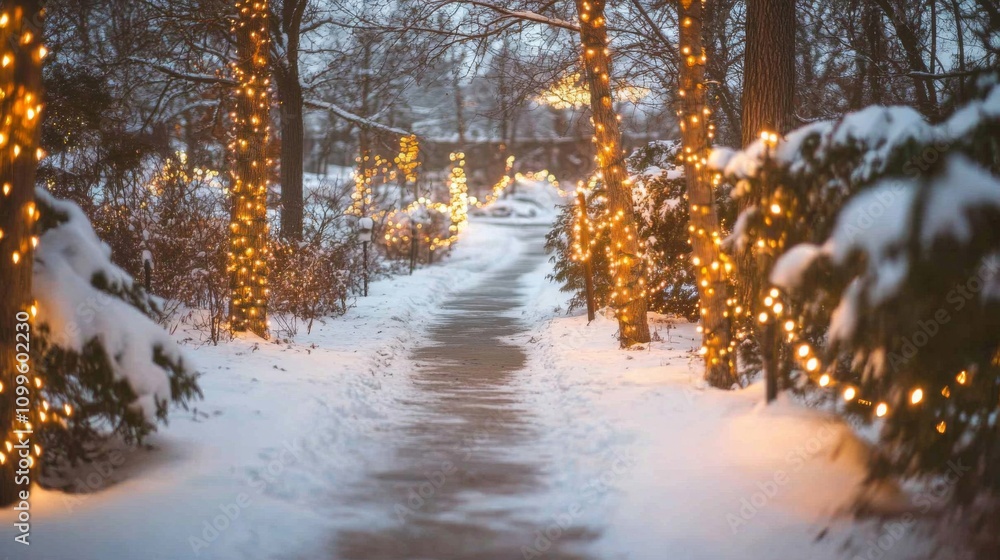 Poster snow covered pathway illuminated by warm string lights