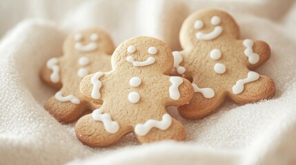 Fototapeta premium Three Gingerbread Men Cookies Resting On Soft Fabric