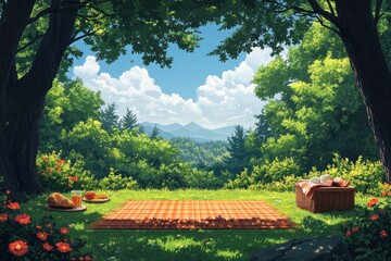 A picturesque picnic spot with a checkered blanket set against a backdrop of rolling hills, lush greenery, and a blue sky.
