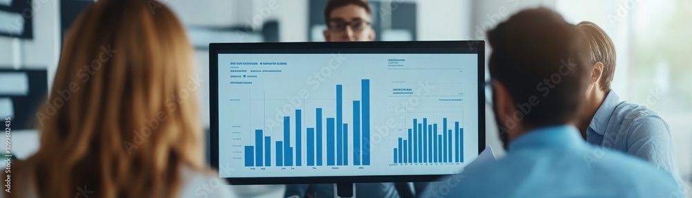 Aufkleber a team discusses data trends displayed on a computer screen, analyzing performance for strategic dec