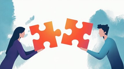 man and woman are connecting pieces of the puzzle
