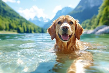 A dog is swimming in a lake with mountains in the background, happy and enjoying