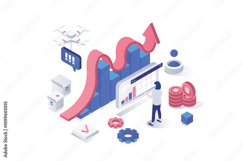 Poster crisis management 3d isometric concept in geometry graphic design for web. people making financial a