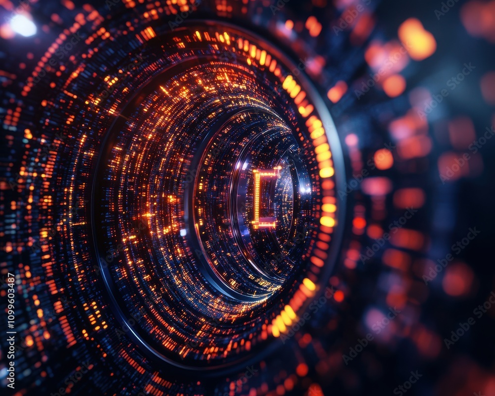 Poster futuristic digital tunnel with glowing lights, representing advanced technology and innovation in a 