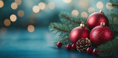 Obraz premium Christmas Background With Bokeh Lights And Red Balls On A Blue Table Surface: Festive Decorations For A Christmas Card Concept