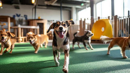 Dogs play joyfully in an indoor pet care facility during daylight hours
