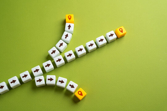 Arrows and paths leading to different destinations. Making plans and paving your future. Starting a new career. Tourism and entertainment. Maps of attractions.