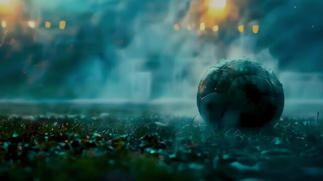 Video recreation of football balloon in the grass of the court a rainy day