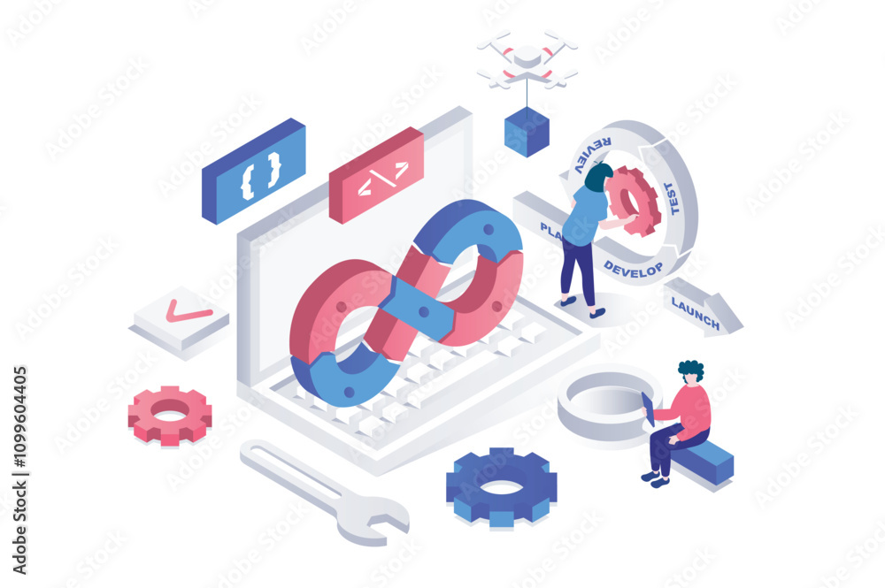 Aufkleber DevOps 3d isometric concept in geometry graphic design for web. People programmers and engineers working together, build agile process and system life cycle to project release. Vector illustration.