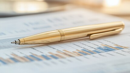Fototapeta premium Gold Pen Resting on a Financial Graph with Numbers and Charts