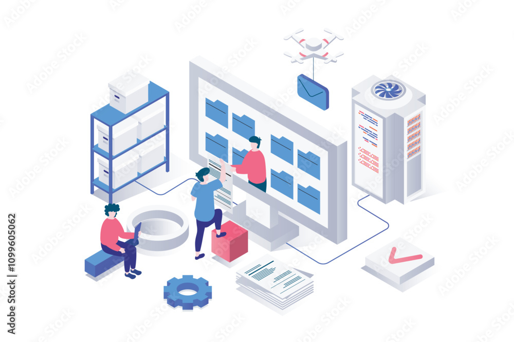 Poster Electronic organization files 3d isometric concept in geometry graphic design for web. People managing digital documents in folders and interacting catalog at computer screen. Vector illustration.
