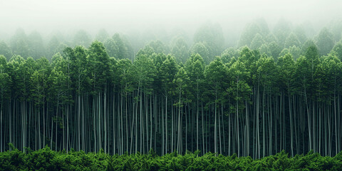 Obraz premium A picturesque forest of straight dark green trees is beautifully contrasted by a white background, creating a modern, serene natural landscape.