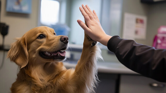 Golden retriever playfully interacts with a person at a veterinary clinic during an appointment