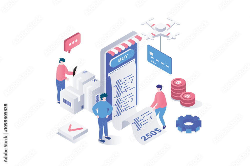 Fototapete Electronic receipt 3d isometric concept in geometry graphic design for web. People making purchases or ordering services, receiving digital form of invoice for checkout in app. Vector illustration.