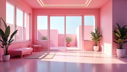 Pink gym room interior design 3d rendering. Pastel colors with outdoor patio view. Studio lighting creates dreamy ambiance. Stylish furniture, plants in room. Suitable for health, fitness marketing