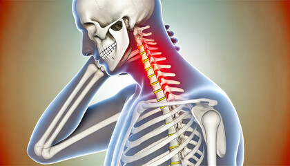 Human body with a highlighted neck skeleton, depicting pain in the neck caused by conditions like cervical spondylosis, herniated disc, and muscle strain. Generative AI illustration.