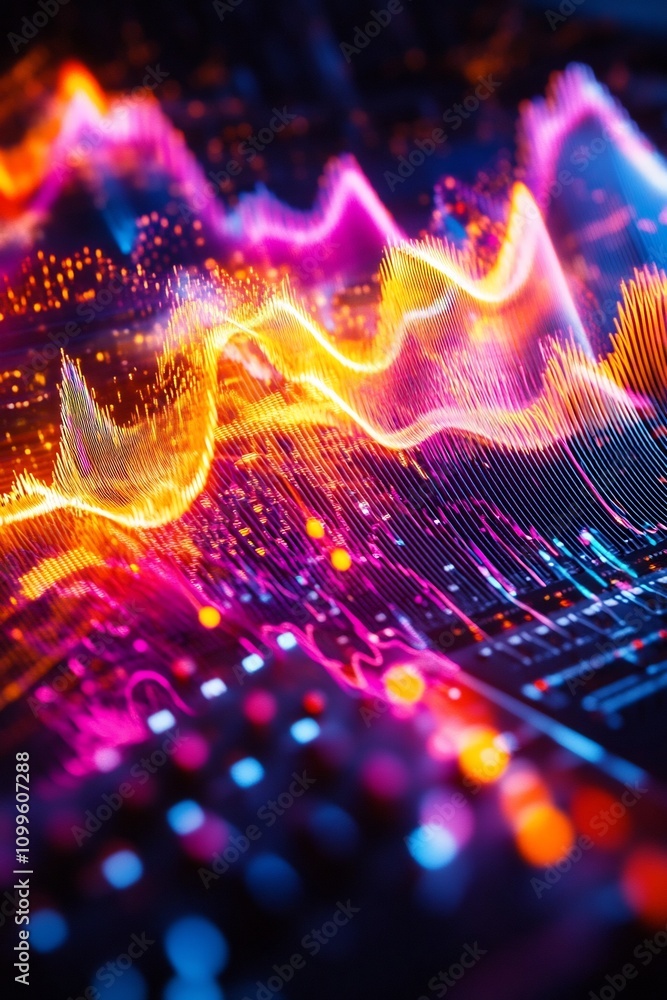 Poster vibrant sound wave pattern flowing into mixing console an abstract visualization of audio