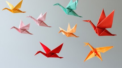 Fototapeta premium A detailed shot of diverse origami cranes in flight against a plain backdrop, Symbolizing diverse aspirations and the beauty of inclusiveness, minimalist style