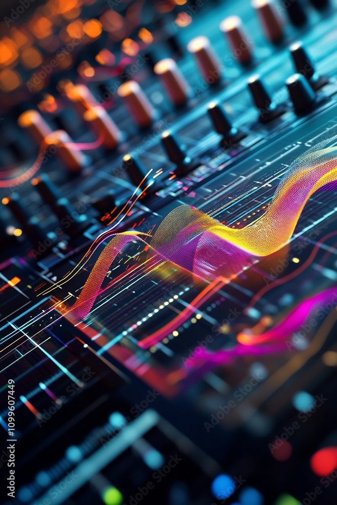 Poster captivating sound wave pattern merging into mixing console showcasing audio engineering