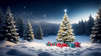 Obraz premium Christmas Tree and Gift Boxes on Snowy Ground at Night