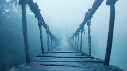 Fototapeta premium Wooden Suspension Bridge Receding Into Misty Fog