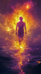 Obraz premium Silhouette of person surrounded by glowing fiery aura walking through water at sunset.