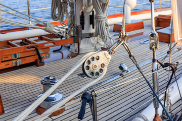 Close-up pulley in the rigging of a sailing ship.