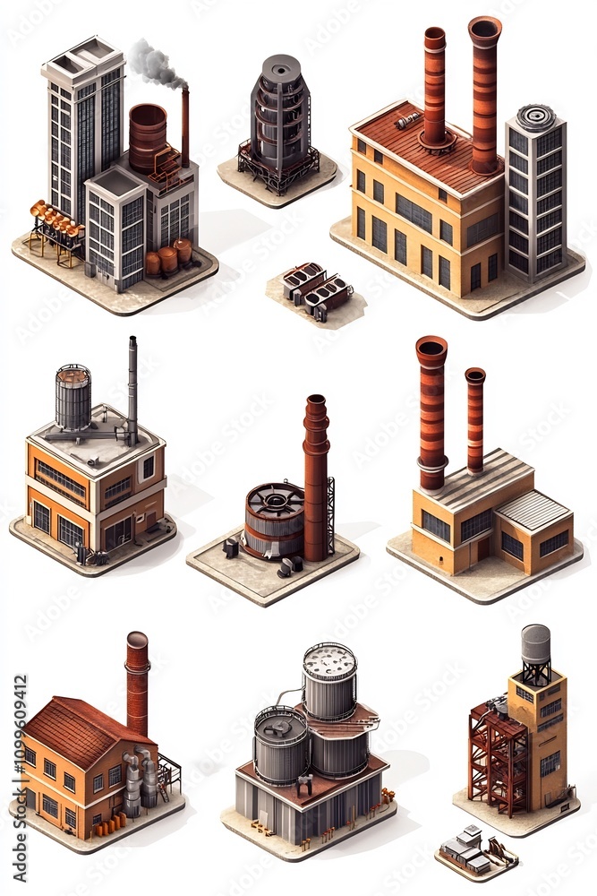 Poster isometric components of factory architecture with simple design
