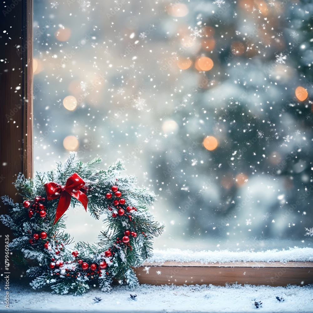 Aufkleber a frosty window with a christmas wreath and soft snowflakes falling outside. empty space at the bott