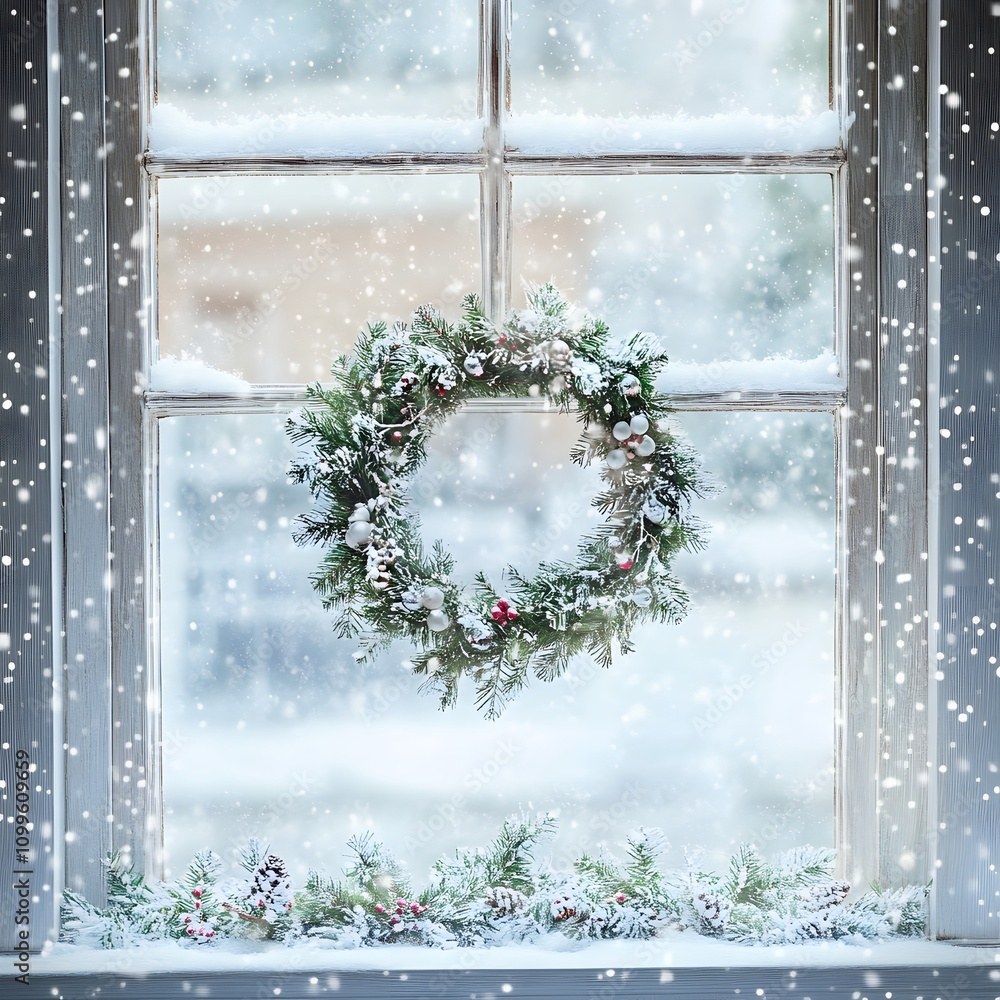 Poster a frosty window with a christmas wreath and soft snowflakes falling outside. empty space at the bott