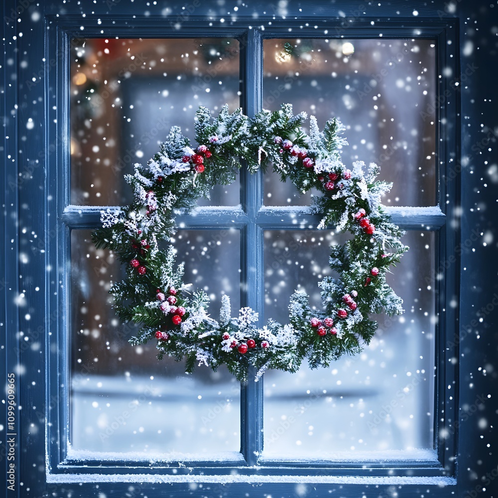 Aufkleber a frosty window with a christmas wreath and soft snowflakes falling outside. empty space at the bott