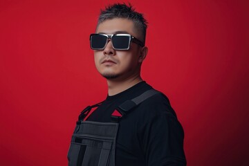 Fototapeta premium man, sunglasses, stands, front, red, background, wearing, black,