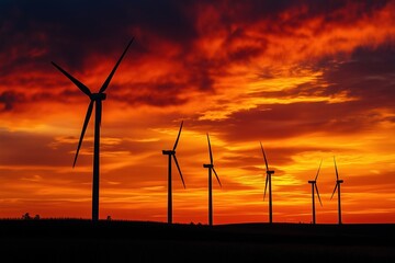 A group of wind turbines are silhouetted against a beautiful sunset