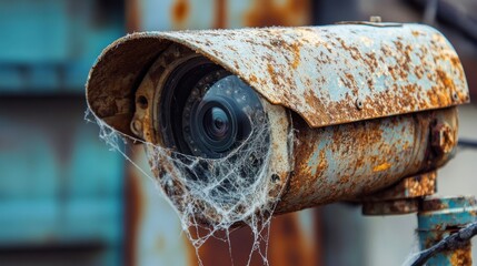 A detailed view of a broken, neglected security camera with cobwebs and rust, Symbolizing the decline in public safety measures and infrastructure neglect