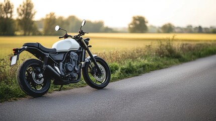 Obraz premium A motorbike is parked on the side of a quiet country road, surrounded by rice fields. The evening sunlight is gentle. The composition of the image is beautifully arranged. There is space for text.