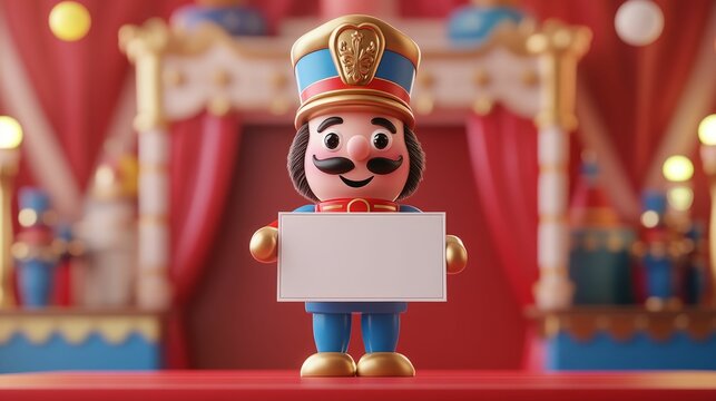 Cheerful 3D cartoon toy soldier with blank flag sign