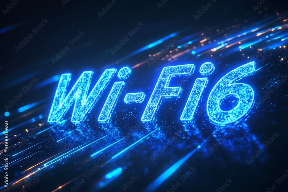 Poster glowing wi fi 6 text with futuristic light rays and blur effect on black background