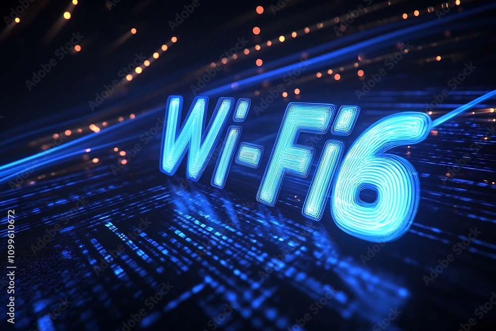 Poster glowing wi fi 6 text with speed blurred lights and rays on dark background
