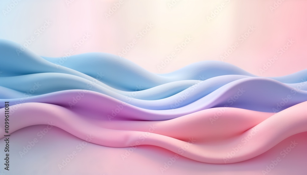 Fototapete Abstract illustration features fluid pastel waves. Soft gradient colors of blue, pink create dynamic 3D forms. Modern design with elegant curves. Beautiful background perfect for trendy graphic