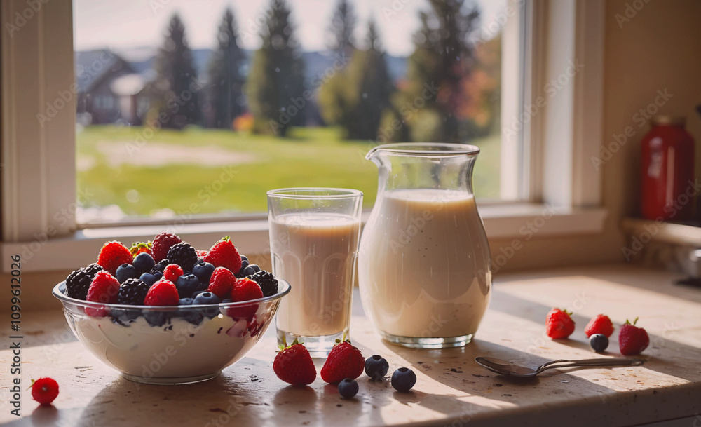 Aufkleber glass of milk and a bowl of berries are on a table. a pitcher of milk is next to the bowl