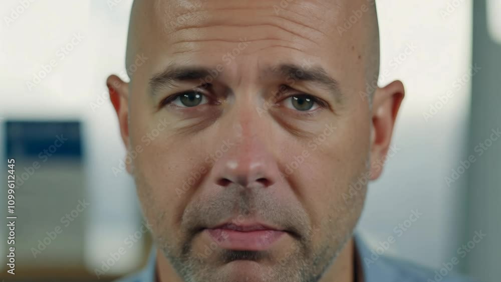 Poster caucasian man transitions from confusion to realization in a close-up video with soft, diffused ligh