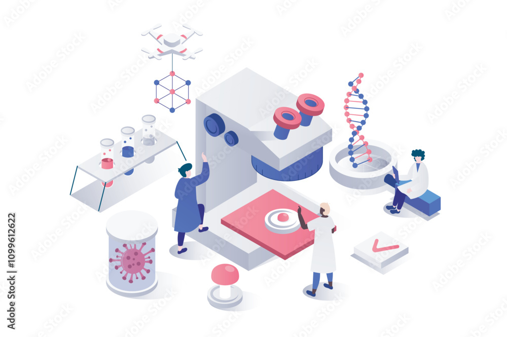 Aufkleber science laboratory 3d isometric concept in geometry graphic design for web. people working with micr