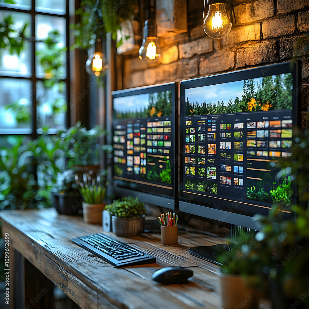Aufkleber creative workspace with two computer screens displaying images, surrounded by houseplants and edison