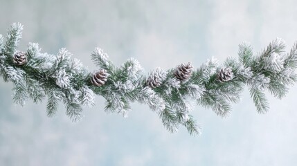 Obraz premium Snowdusted pine garland with blue bokeh and warm white lights