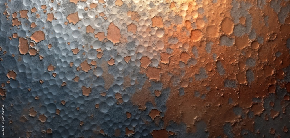 Poster closeup view of aged metal surface with rust-eaten texture. weathered paint flakes create unique pat