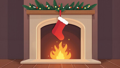 Fototapeta premium Christmas card featuring a cozy fireplace with Santa's boot and festive decorations against a warm. inviting backaround