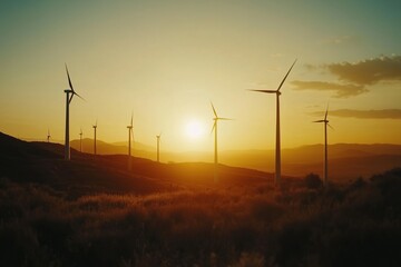 Obraz premium A field of wind turbines with the sun setting behind them
