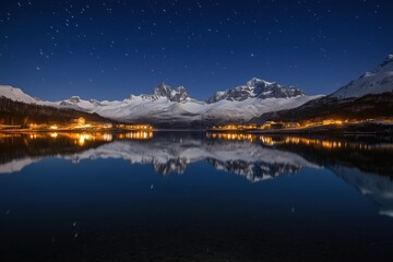 A beautiful night sky with a lake and mountains in the background